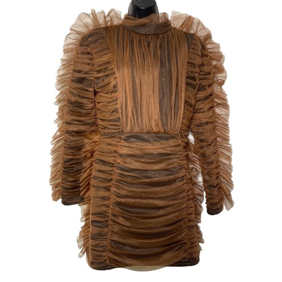 Pretty Little Thing Brown Bandage Chiffon Frill Bodycon Dress Women Size  10 NWT